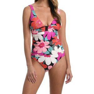 LA BLANCA In Full Bloom Over the Shoulder Front Knot Tankini Top Size 10 NWT